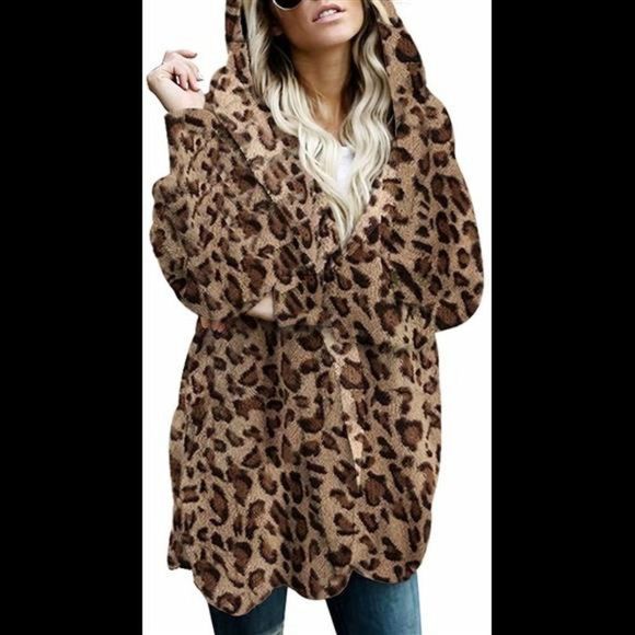 Leopard Print Fuzzy Fleece Hooded Cardigan Jacket with Pockets